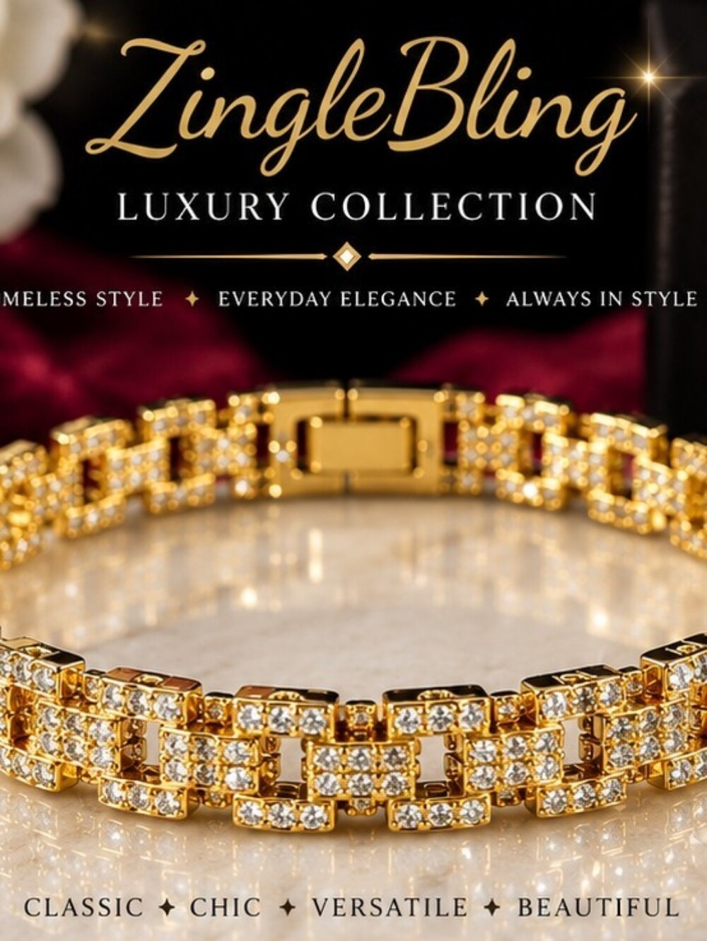 Gold Over Stainless Steel Glass Crystal Pave Link Bracelet 7 Inch NWT